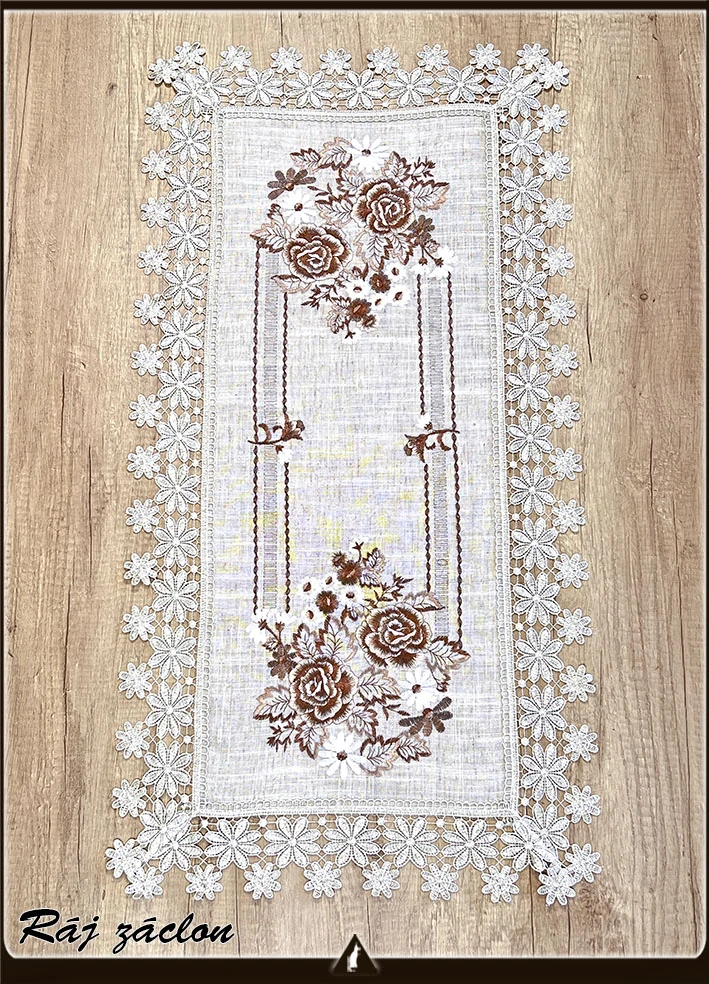 Vyšívaný ubrus Růže s krajkou 40x85 cm