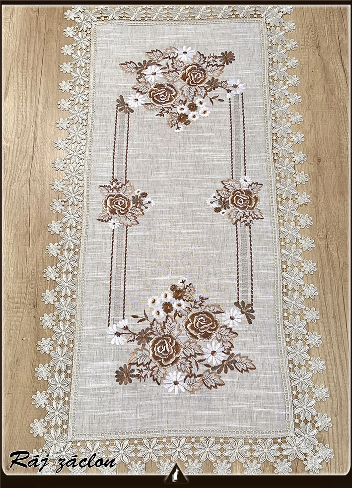 Vyšívaný ubrus Růže s krajkou 60x120 cm
