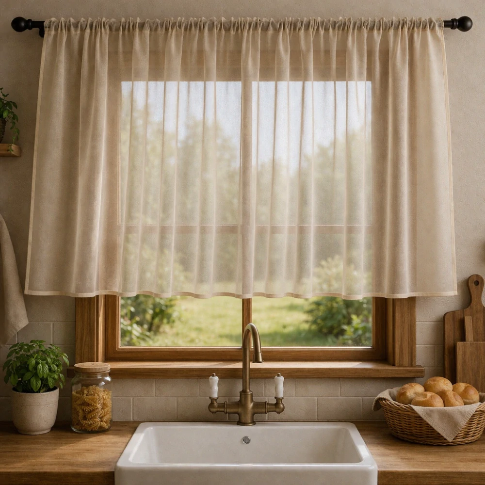 Béžová voálová záclona Michaela s lemovkou – hotová záclona na míru | česká výroba