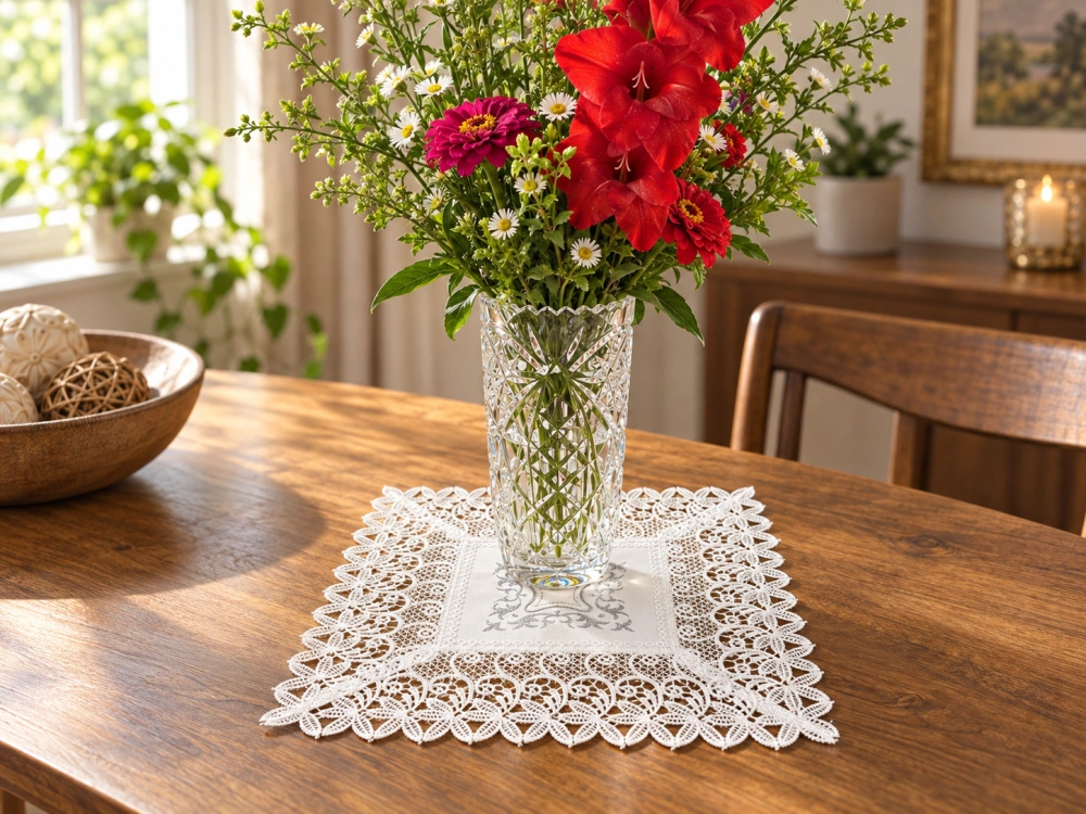     Krajková dečka na stůl 30 × 30 cm – bílá vyšívaná