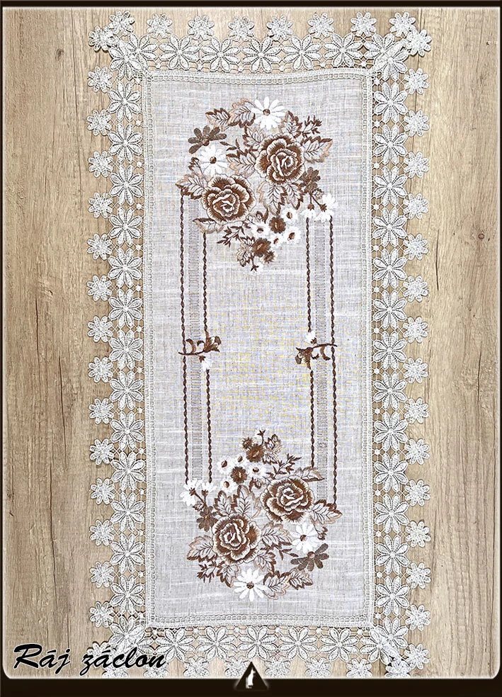 Vyšívaný ubrus Růže s krajkou 40x85 cm