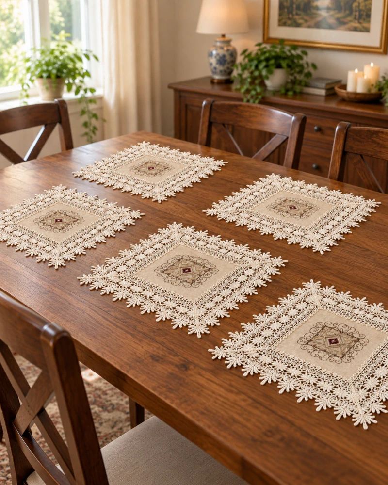 Krajková dečka na stůl 30 × 30 cm – krémová vyšívaná