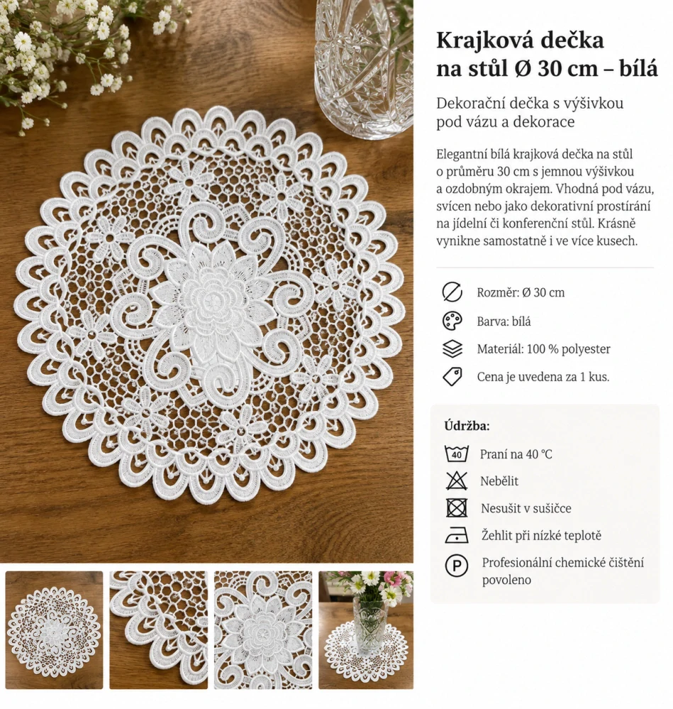Krajková dečka na stůl Ø 30 cm – bílá
