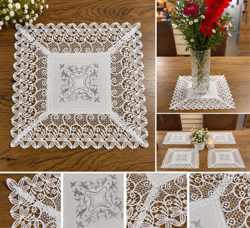     Krajková dečka na stůl 30 × 30 cm – bílá vyšívaná